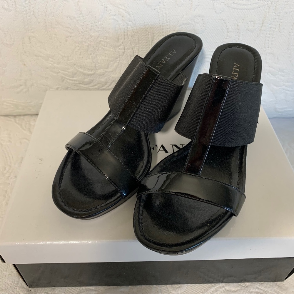Brand New Alfani Women's Journey Black Wedge Sandals with a 3 Inch Heel Size 6M